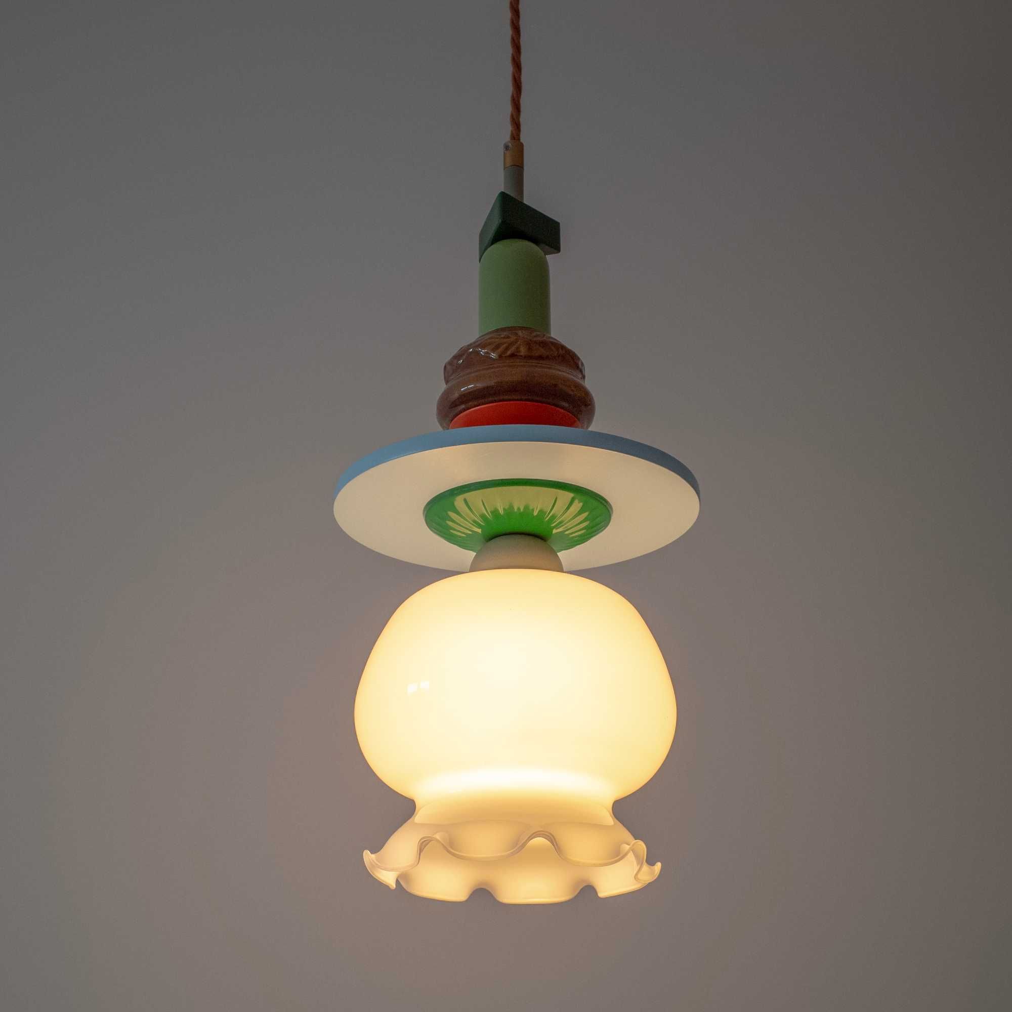 Lampa wisząca totem, vintage szklany klosz, handmade reuse