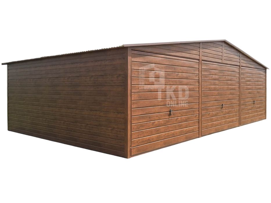 Garaz Blaszany 9X6M 3X Brama Uchylna Drzwi Drewnopodobny Dach Tkd268