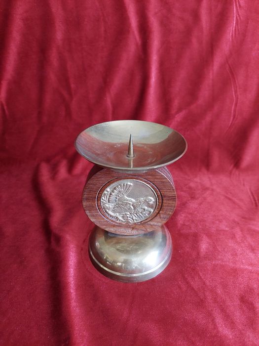 Świecznik mosiężno-drewniany