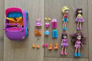 4 laleczki Polly Pocket, samochód cabrio i ubranka