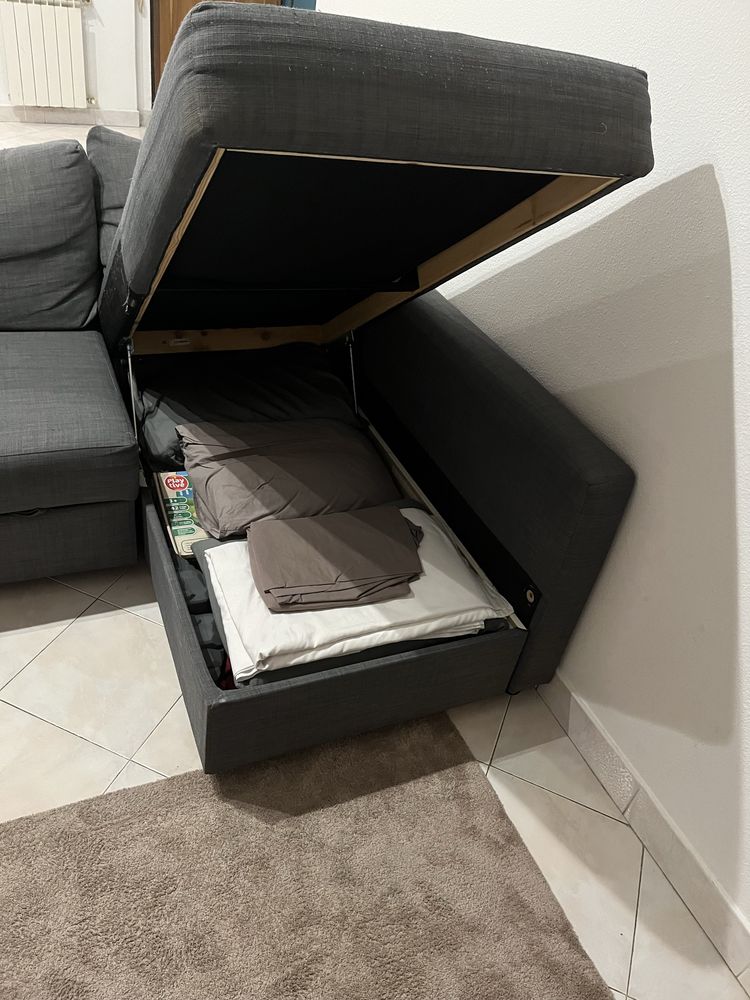 Sofá-cama de canto c/arrumação, Skiftebo cinz esc