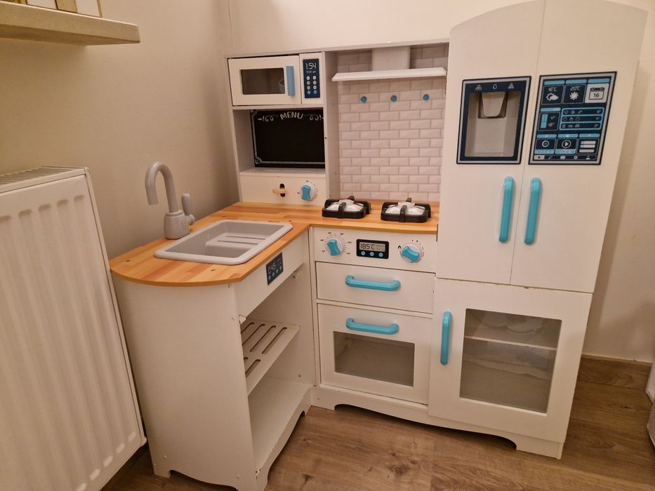 Drewniana kuchnia do zabawy narożna XL lodówka kuchenka dźwięki światł