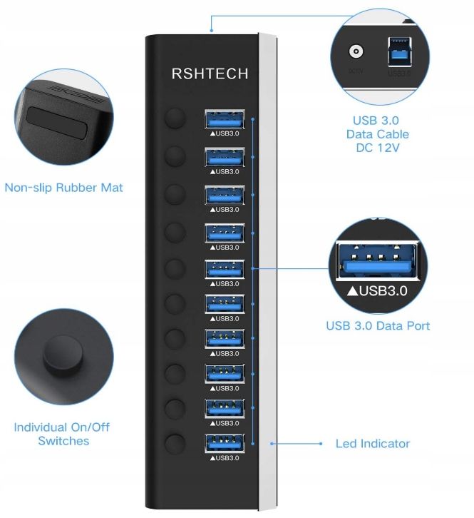 Rshtech RSH-A10 Usb Hub Aktiv 3.0 z zasilaczem POWYSTAWOWY