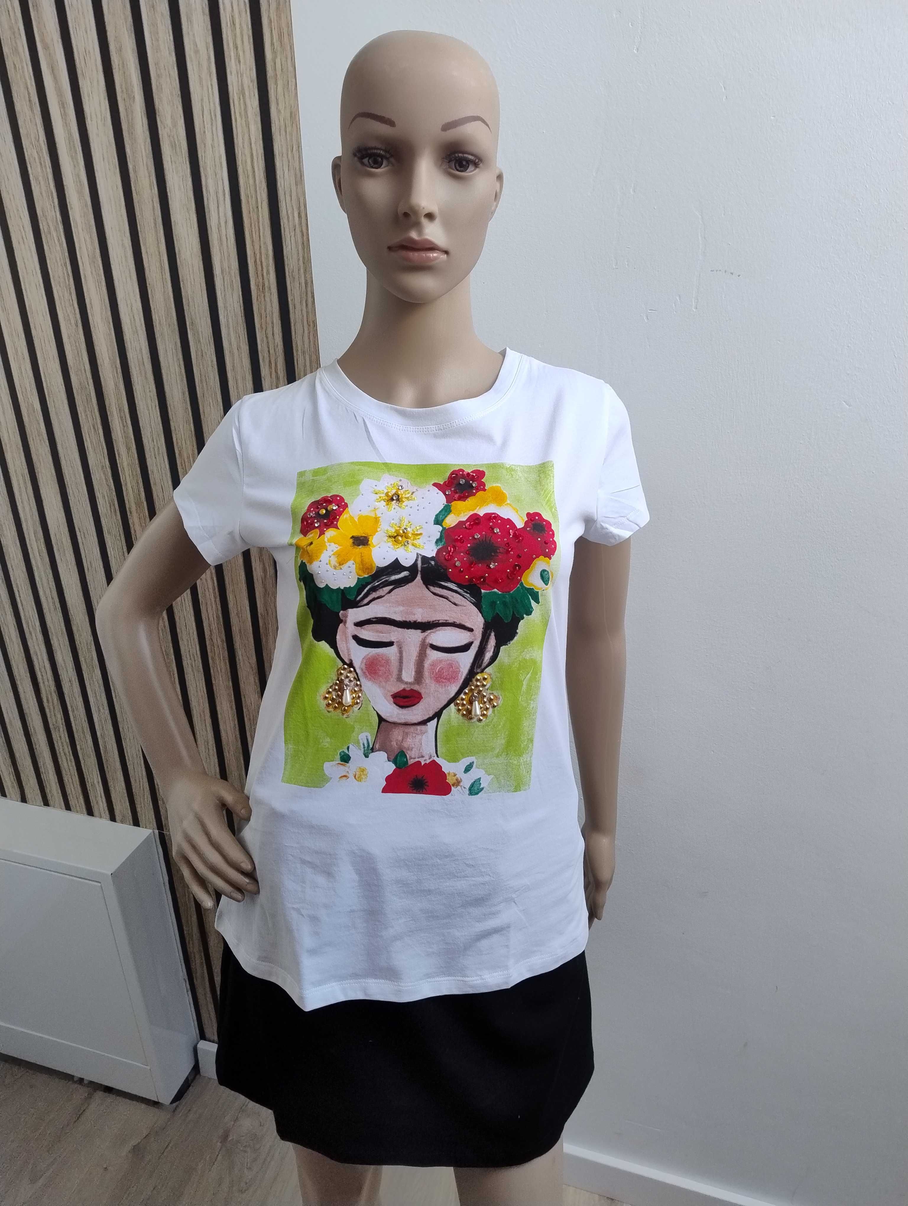 T-shirt kobieta z kwiatami Biały z zielenią S/M PS