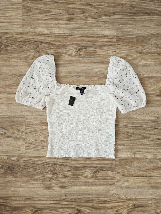 Bluzka top biała koronkowa dopasowana krótki z gumkami milkmaid M L XL