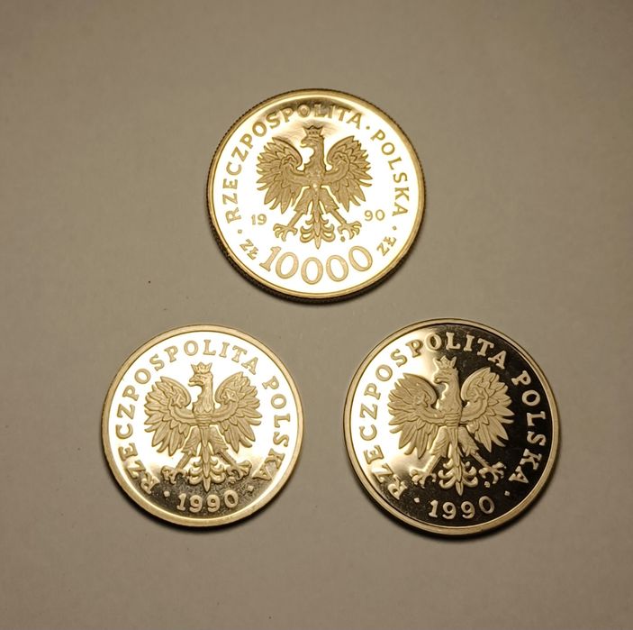 Zestaw 3 monet lustrzanek 50 zł. 100. zł. 10000 zł. Mennicze. Piękne.