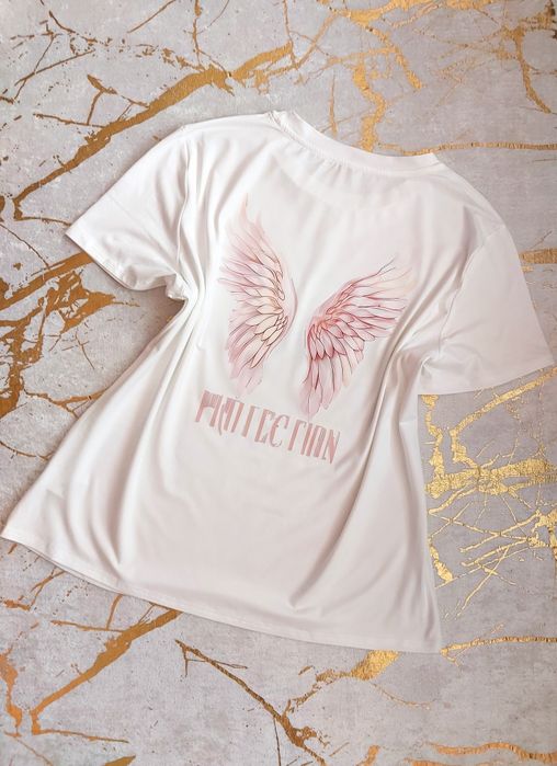 Nowa śmietankowa koszulka t-shirt z nadrukiem skrzydła na plecach XL
