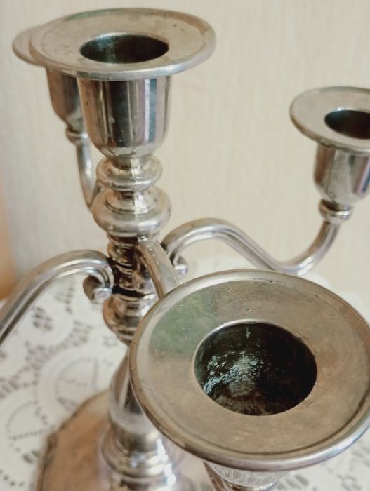 Антикварний свічник канделябр Swanski , посріблена латунь