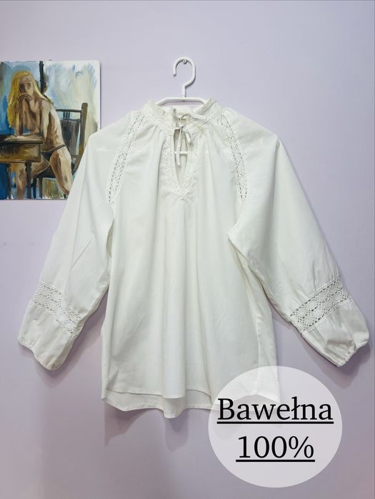 Bluzka vintage koronkowa śmietankowa biel etniczna elegancka bawełna
