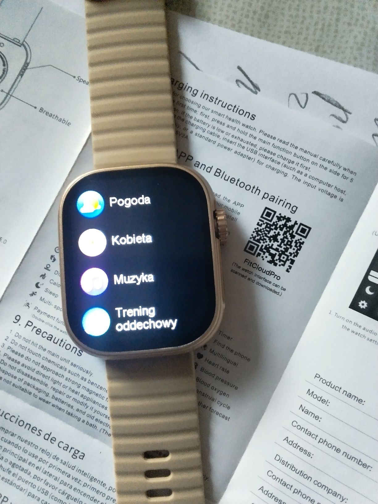 Smart watch SENBONO złoty, morelowy pasek, język polski,mocną bateria