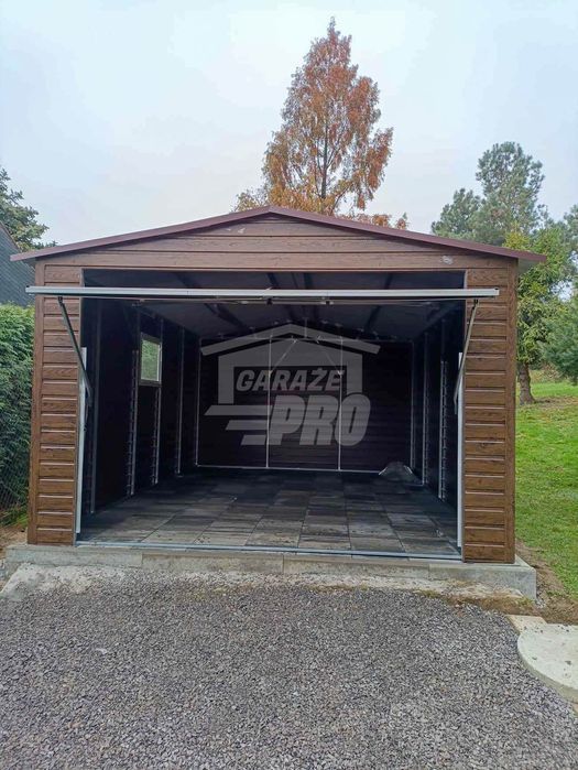Garaż blaszany 4x6m Brama uchylna drzwi okno drewnopodobny dach  GP446