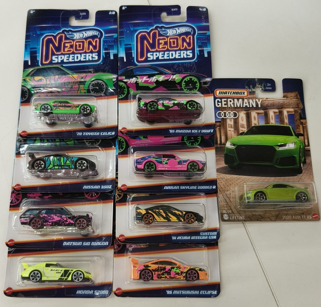 Hot wheels Neon, Fast Furious Honda S2000, Datsun s10 wagon, 70 Toyota