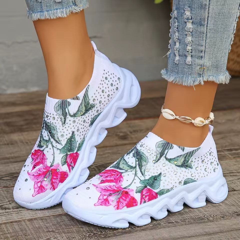 Wsuwane sneakersy w kwiaty z kryształkami r. 39 25cm siateczkowe