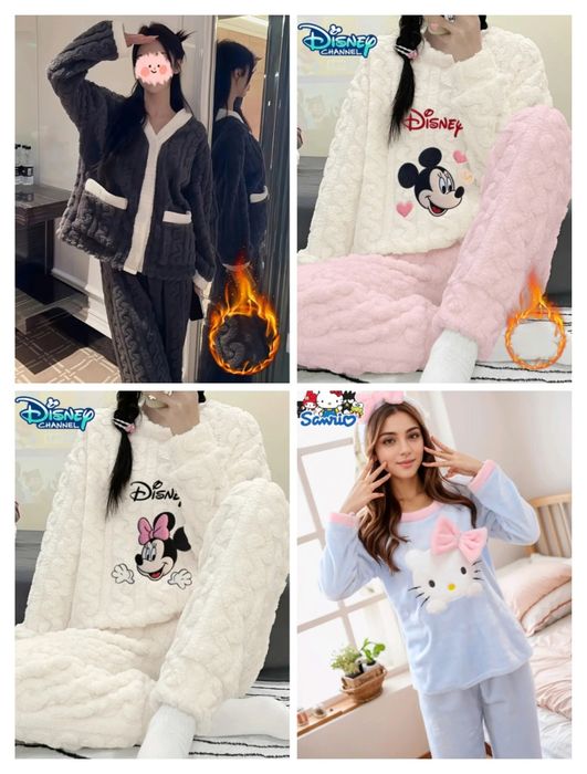 Новая зимняя пижама женская, мужская теплый костюм косичка Hello kitty
