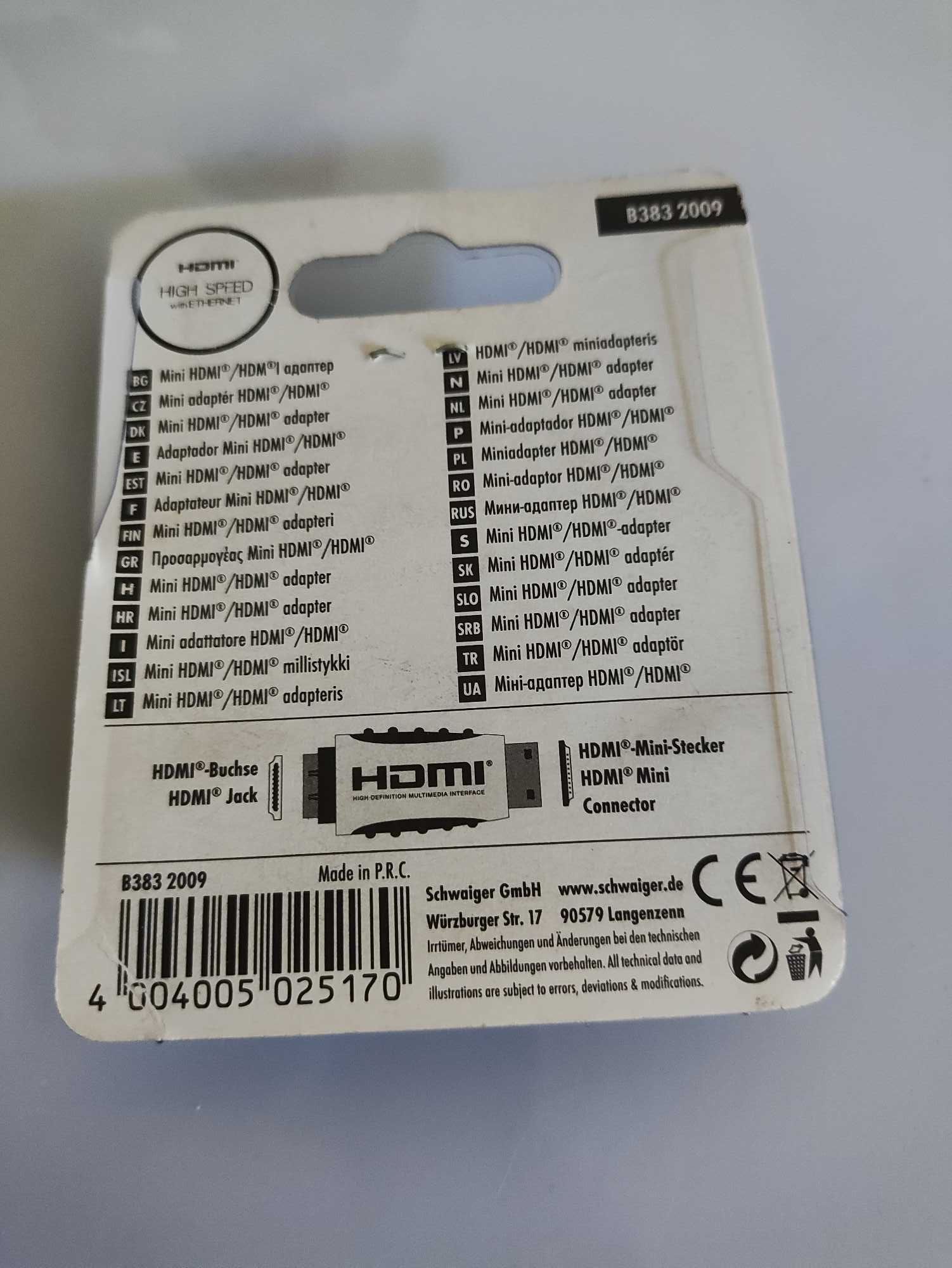 Mini HDMI HDMI Schwaiger Adapter kabel Przewód wtyczka Przejściówka