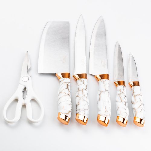 Набор кухонных ножей на подставке с точилом Белый мрамор