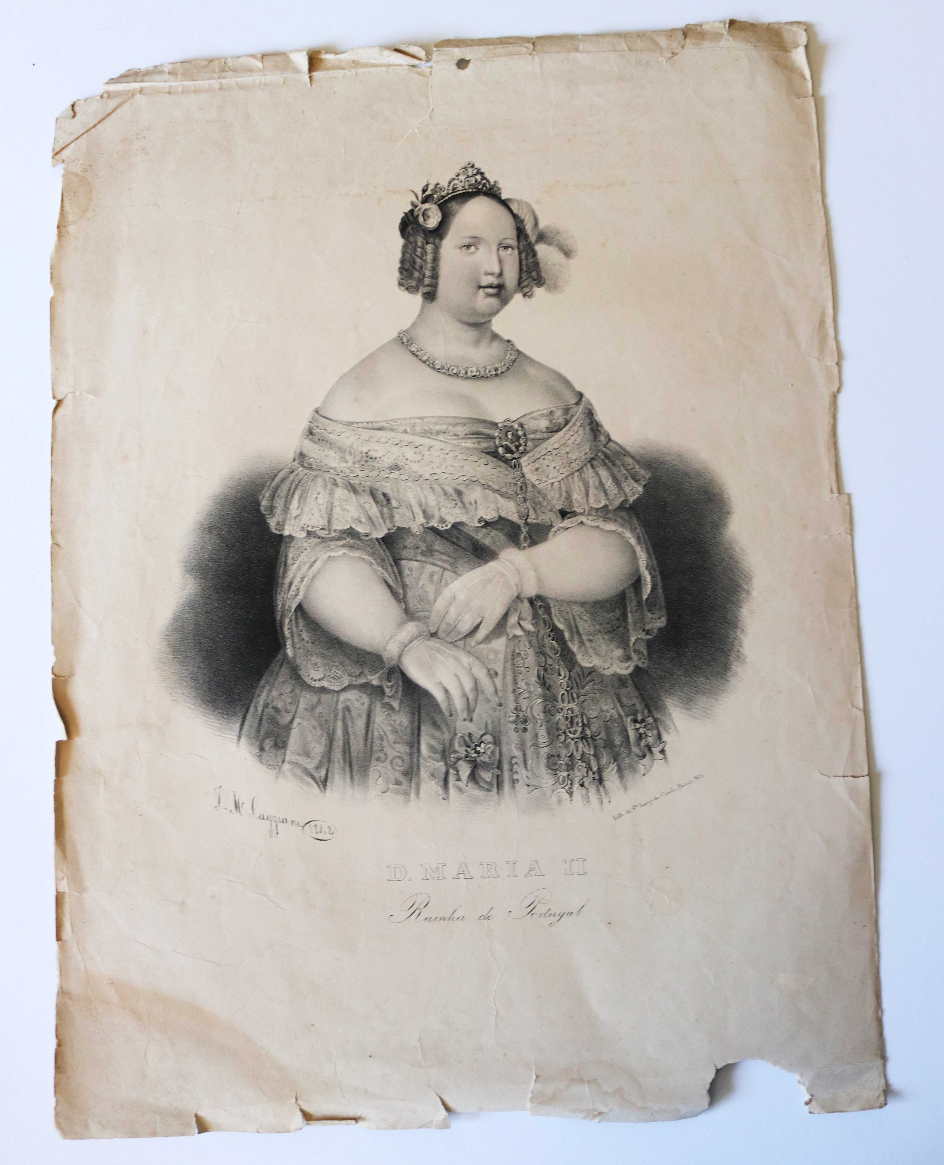 Rainha D Maria II grande litografia de Caggiani 1842 invulgar