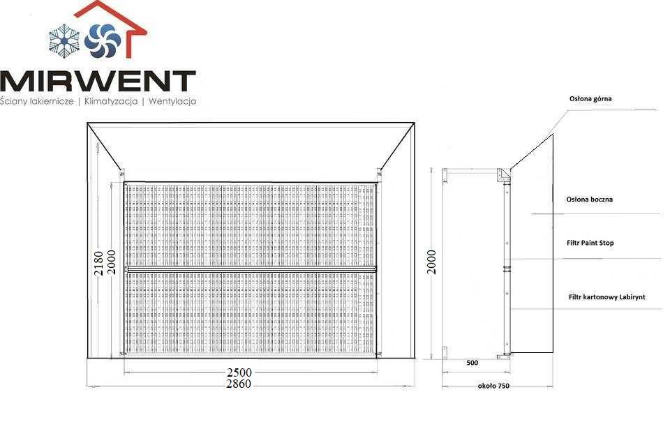 Ściana lakiernicza MIRWENT 2500mm x 2000mm x 500mm (pole robocze)