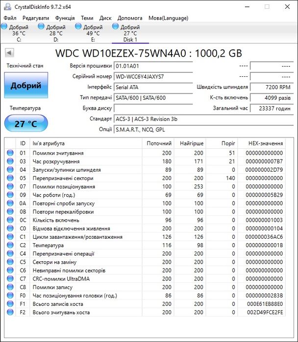 Жорсткий диск Western Digital Blue 1TB 7200rpm 64MB WD10EZEX 3.5 SATA