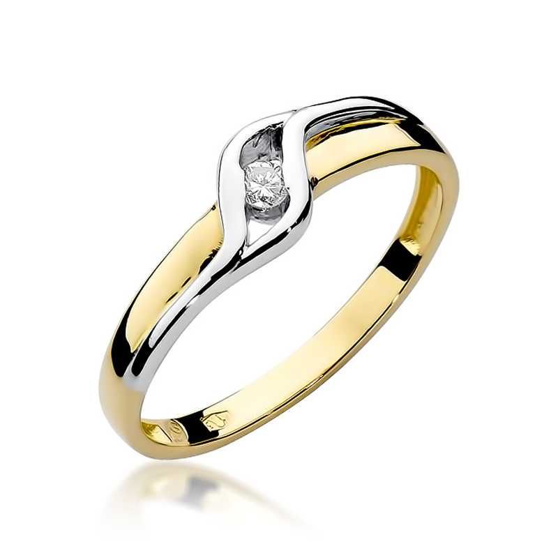 Efektowny pierścionek z żółtego i białego złota, brylant 0,10ct