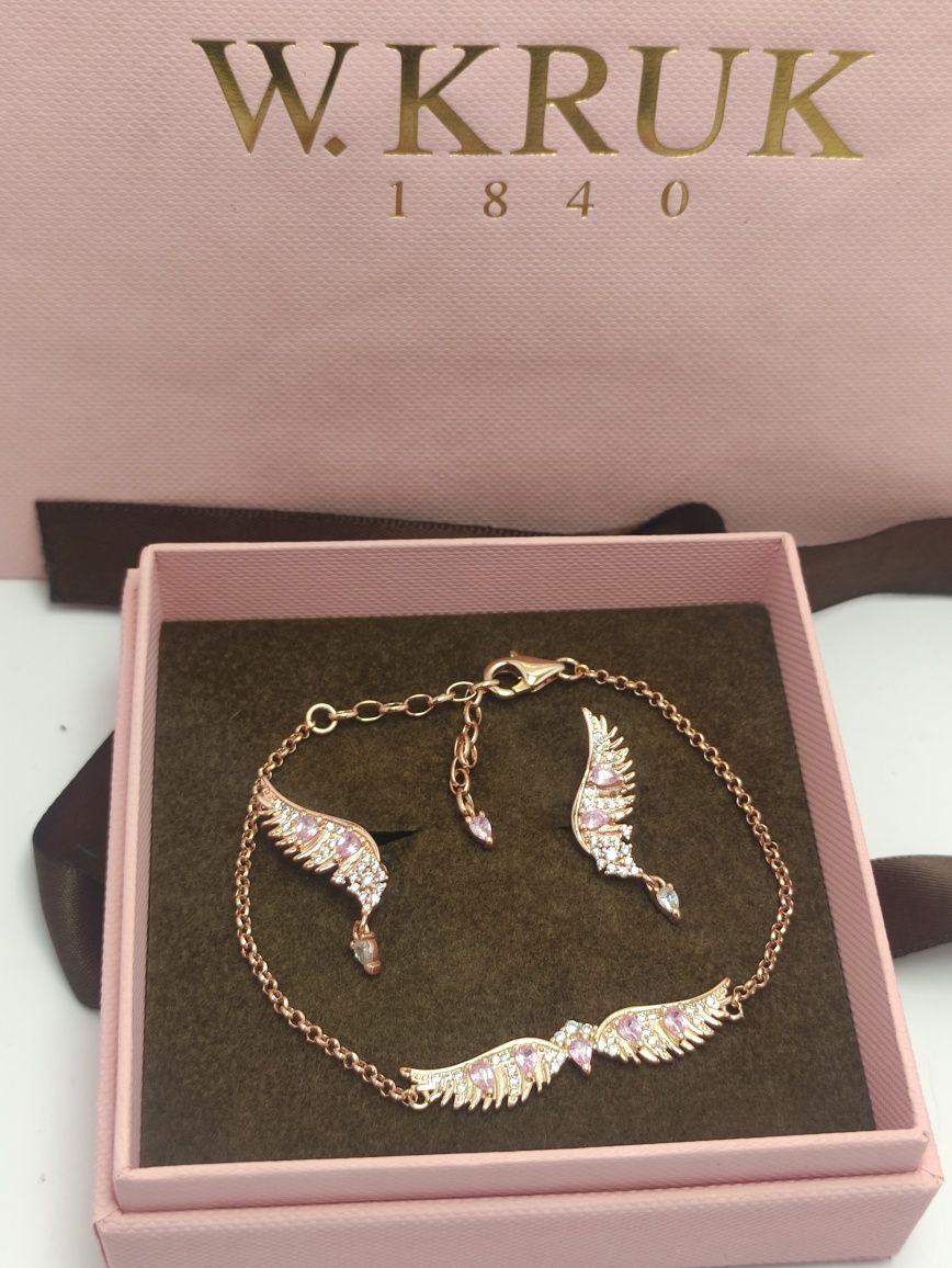 Komplet biżuterii srebrnej 925 pozłacanej różowym złotem skrzydła