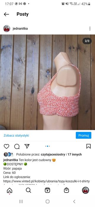 Brzoskwiniowo Biały top na ramiączkach na szydełku