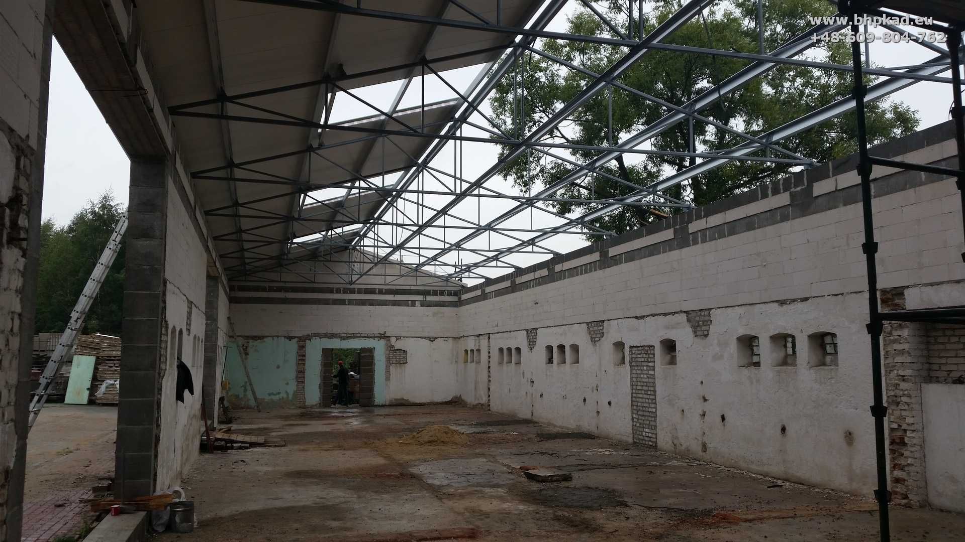 Bindry. Wiązary dachowe. 10x31m. Dach stalowy. BHP KAD. Bartoszyce.