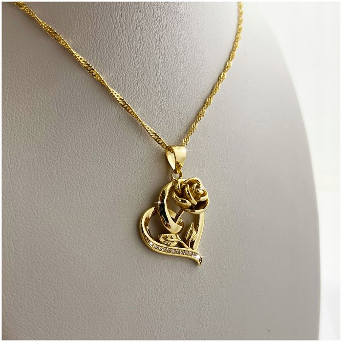 Złoty Naszyjnik Serce 925/585 Serduszko Z Różą Łańcuszek Zawieszka + G