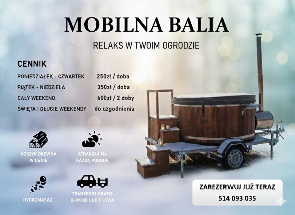 Mobilna Balia z hydromasażem NOWA terminy na Święta/Sylwester 2025/26