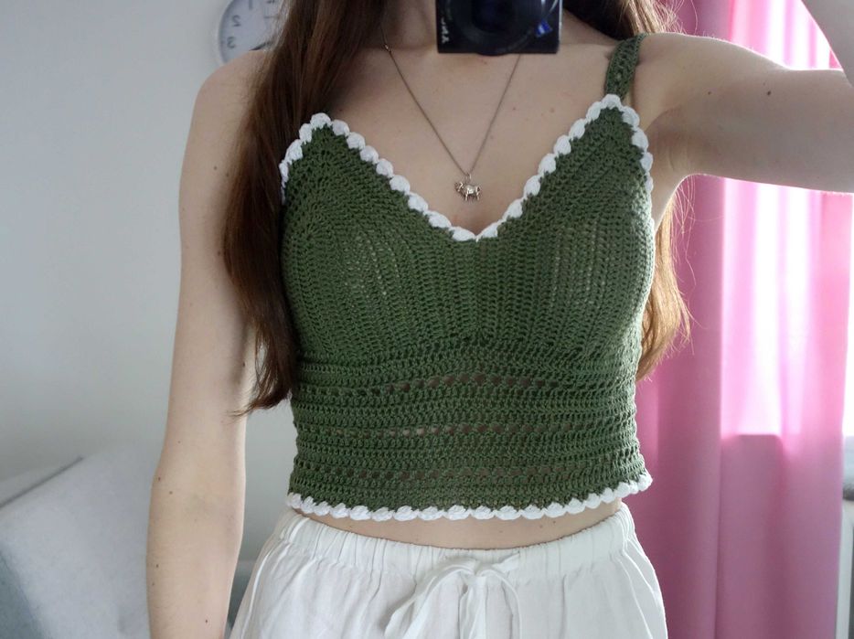 NOWY crop top szydełkowy handmade krótki zielony oliwkowy XS 34