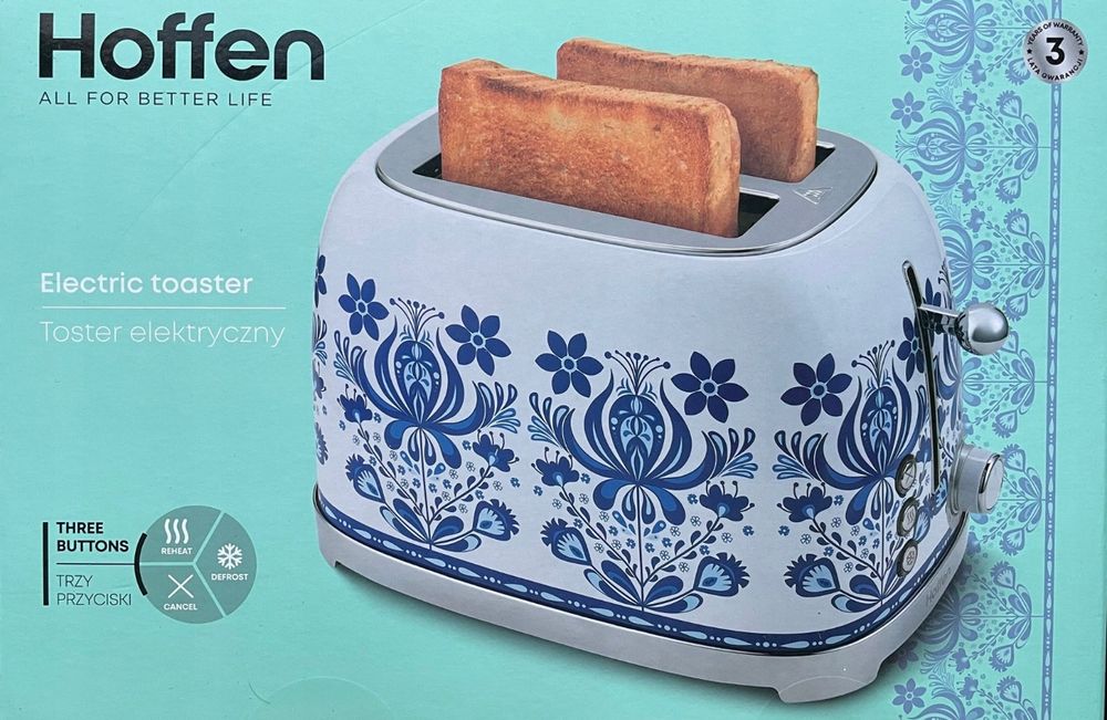 HOFFEN Toster Elektryczny 2 kromki 6 poziomów  Tacka Retro Design