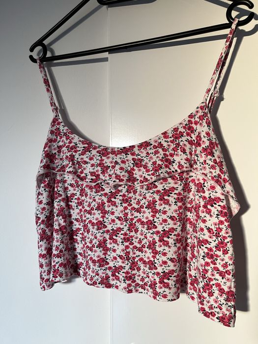 Biały różowy różowo-biały crop top w kwiaty kwiatki rozmiar XS 34