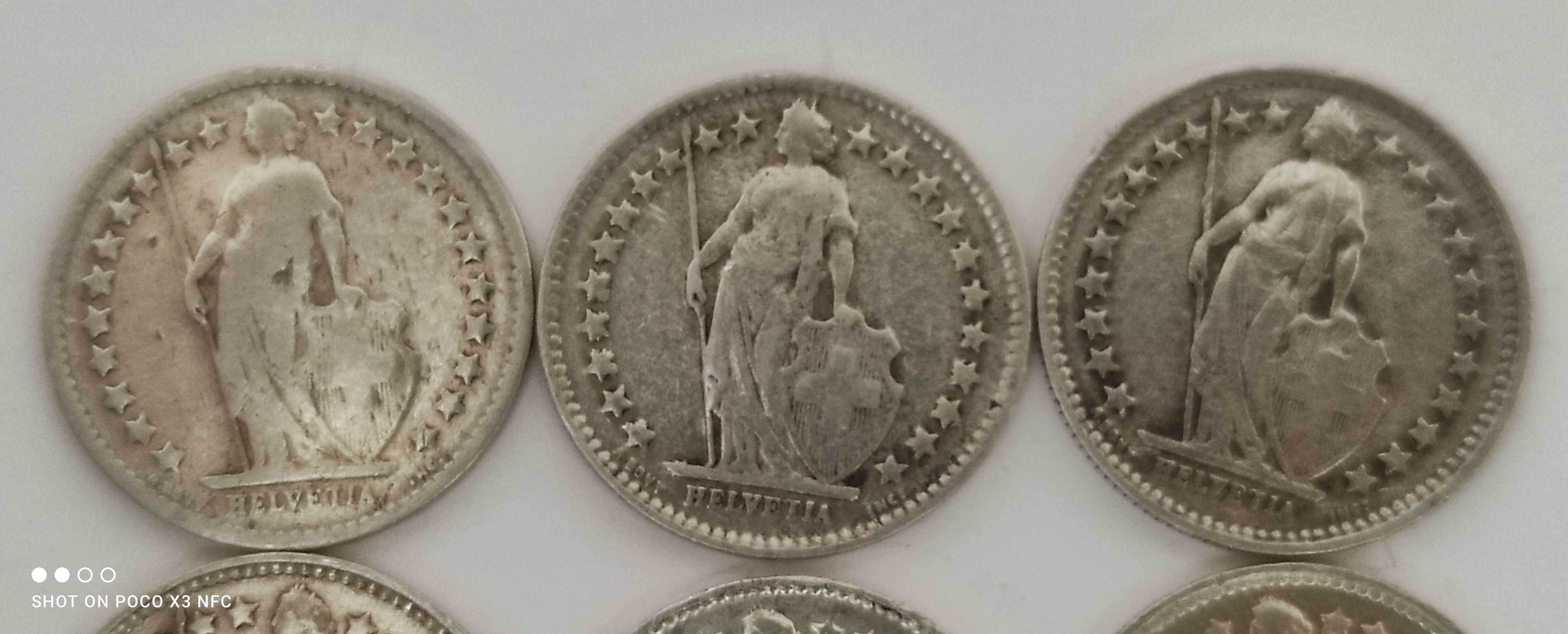 Monety srebrne zestaw 6 sztuk Szwajcaria 1/2 franka ładne srebro Ag