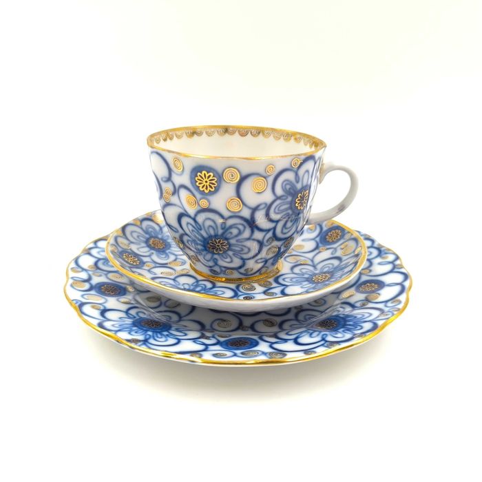Łomonosow Trio Filiżanka Podstawek Spodek Talerzyk Porcelana Kobalt