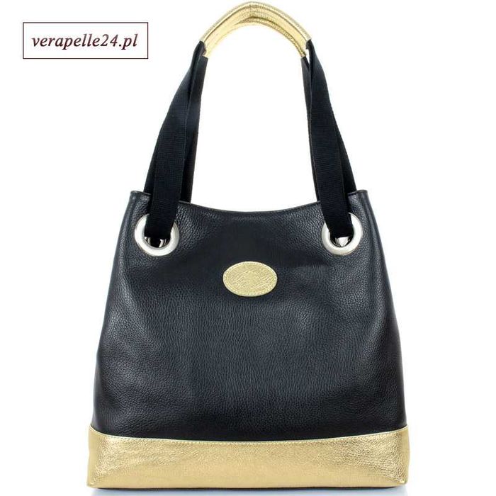 Elegancka czarna skórzana torebka na ramię, Vera Pelle, Made in Italy