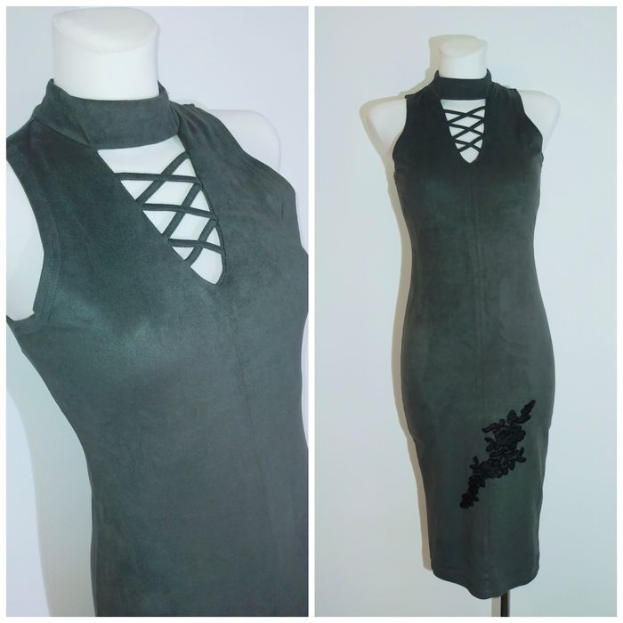 Sukienka midi dopasowana szara 36 S 38 M stójka czarny kwiat