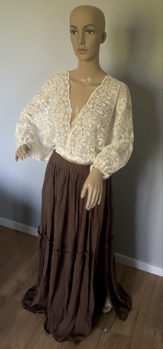 Dwuczęściowa suknia do sesji ciążowej, brąz i koronka boho rustykalna