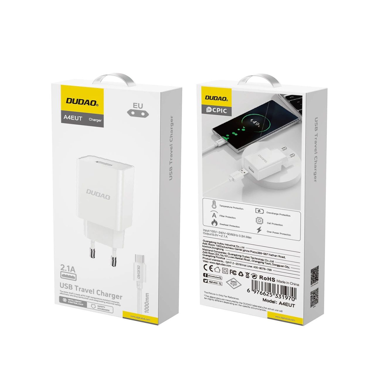 Ładowarka Sieciowa Dudao A4Eu Usb-A 2.1A - Biała + Kabel Usb-A - Usb-C