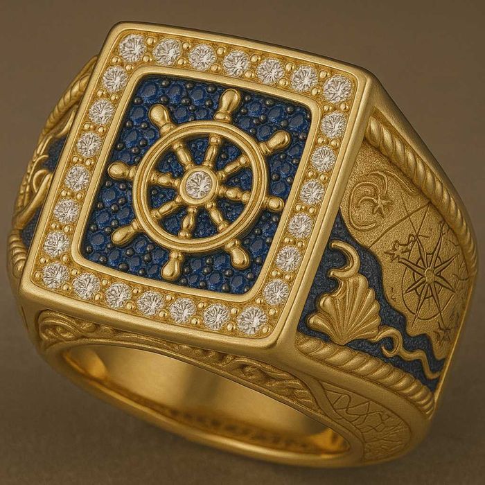 Złoty sygnet pierścień Marynarza Kapitana Żeglarza 18g pr 585 z brylan
