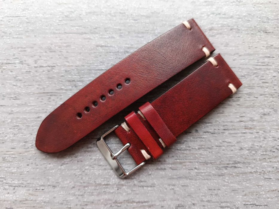 Skórzany pasek zegarka 22 mm ciemna czerwień/bordo S/M