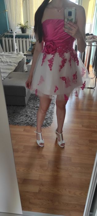 Sukienka ślub wesele impreza urodziny tiul różowa kwiat róża 36 S