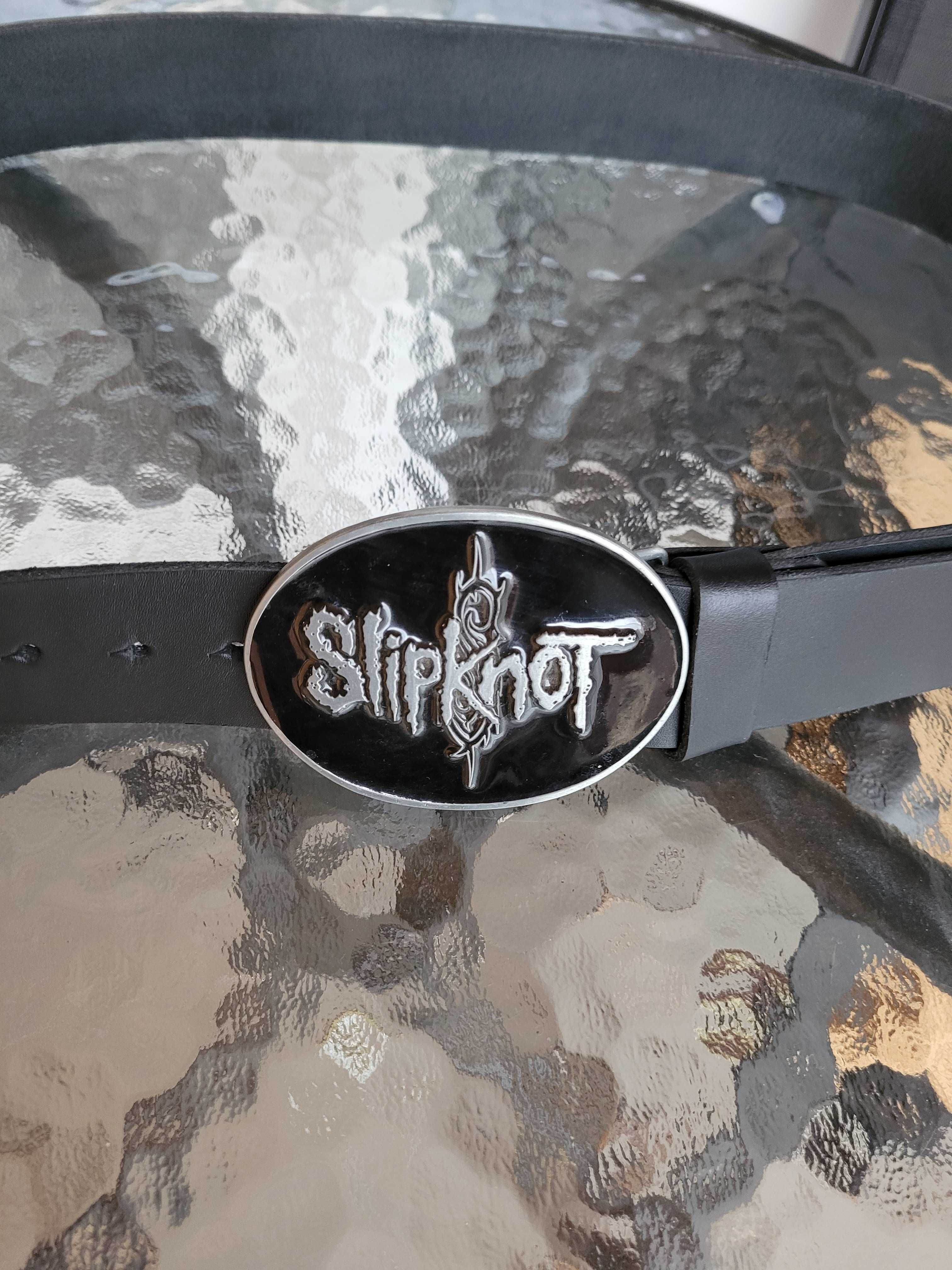 Czarny męski skórzany pasek ręcznie robiony z klamrą zespołu Slipknot