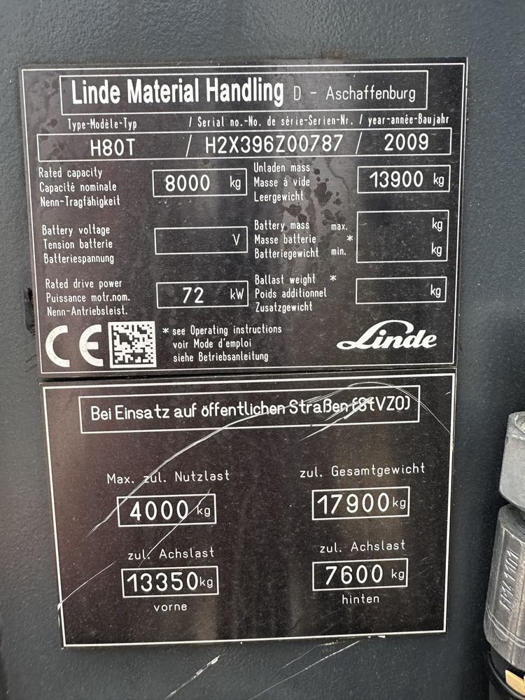 Wózek widłowy Linde h80t wolny skok obrotnica 2009 rok z Niemiec