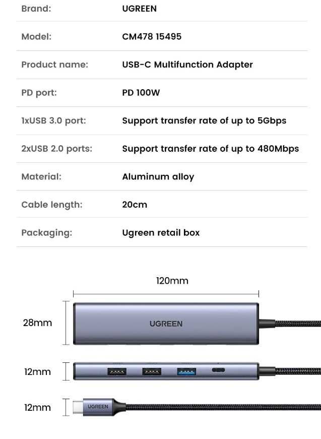 USB hub Ugreen 5-in-1 CM478 15495 (70410) CM818 45363