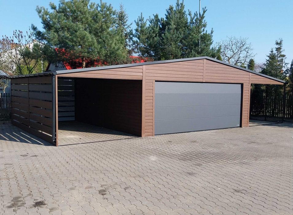 Nowoczesny garaż blaszany 12x6m z bramą segmentową wnęką oraz wiatą