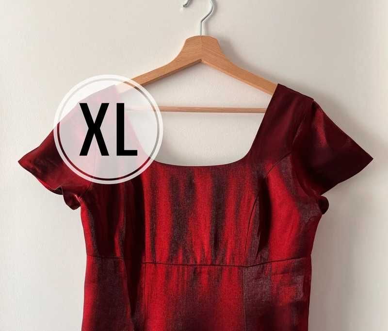 Czerwona bordowa długa sukienka damska z krótkim rękawem wesele XL 42