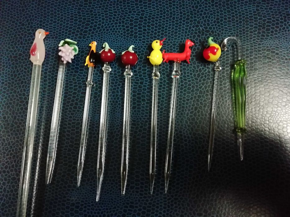 Agitador de cocktails e palitos de aperitivos em vidro antigo x13