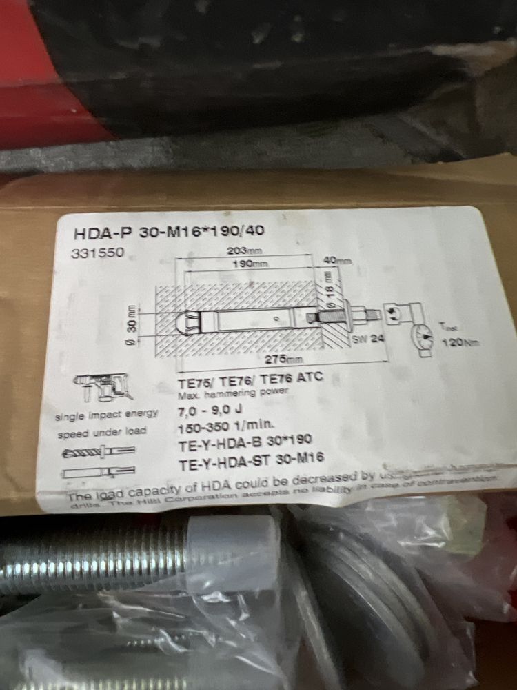 4 kotwy do betonu Hilti 331550 HDA-P 30-M16 x 190/40