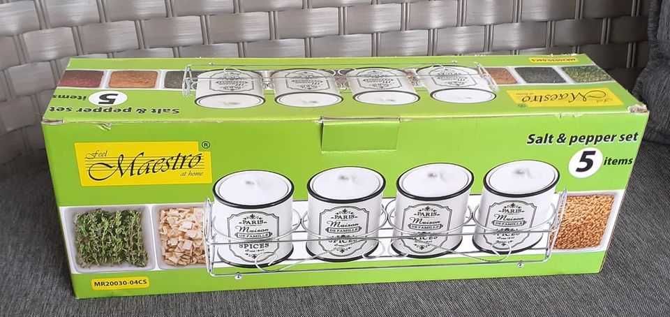 Nowy zestaw przyprawników ceramicznych na stojaku 5 elementów