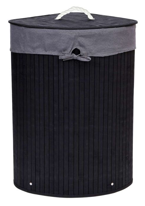 Kosz narożny na pranie bambusowy z pokrywą czarny
